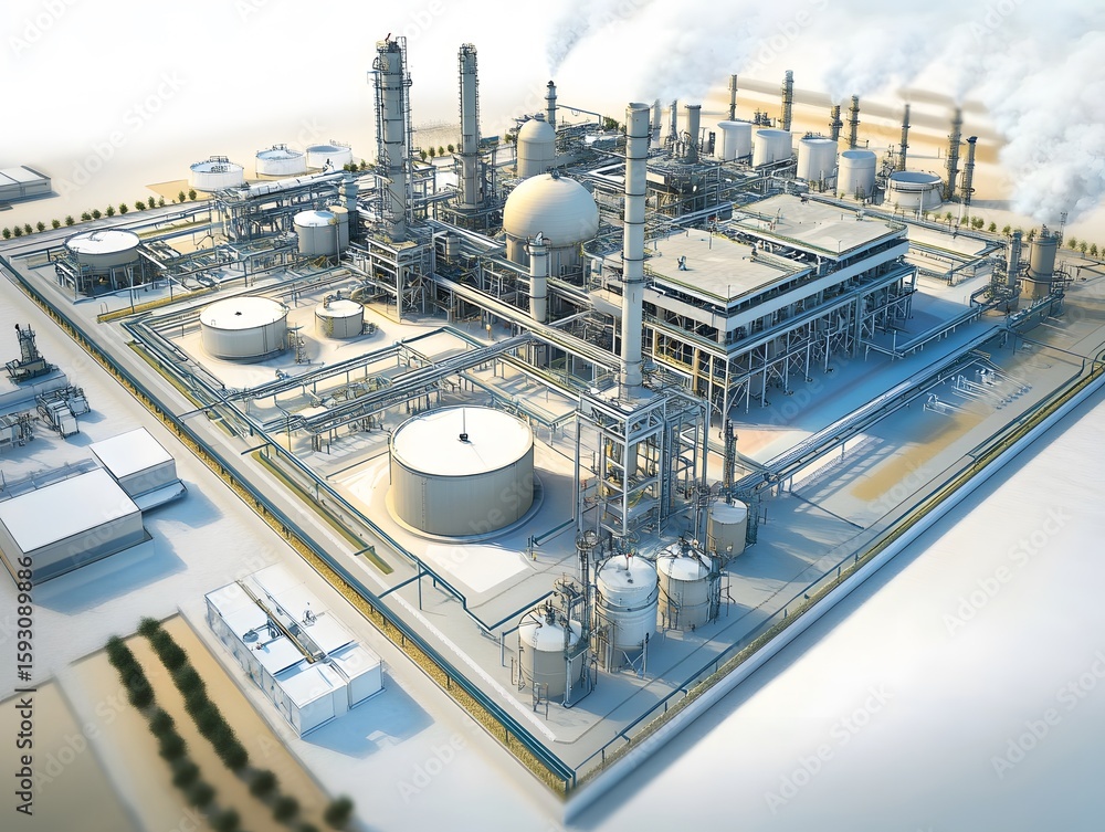 Poster an industrial complex showcasing advanced processing facilities and towering structures. this scene 