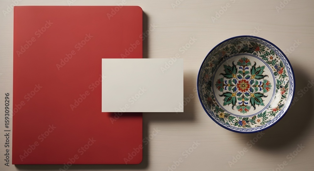 Poster overhead shot of a red rectangular object a white rectangular card and a ceramic bowl with floral pa