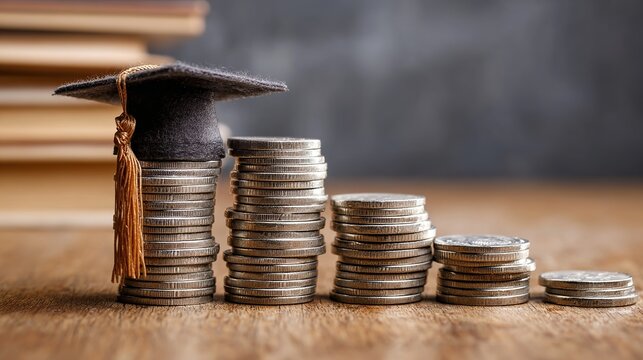 Higher education investment shown with mortarboard cap sitting atop coins signifying financial burden for students today and future.