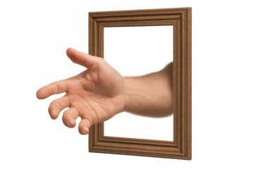 Hand emerging from vintage picture frame, reaching out against transparent backdrop, symbolizing support and connection