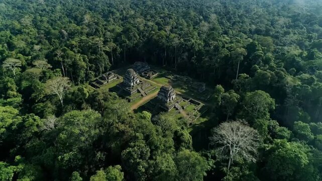 An aerial drone reveals ancient mayan ruins nestled deep within a misty, verdant jungle