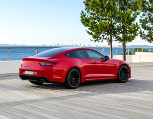 Fototapeta premium Red car on a wooden deck by the sea
