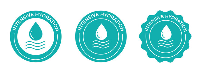 Intensive Hydration Badges – Water Drop and Wave Icons for Skincare and Cosmetic Product Labels in Aqua Style

