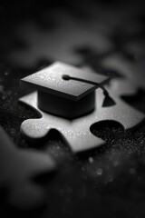 a puzzle piece with a graduation cap on it, in black and white, against a dark background