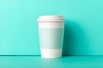 White cup with branding label on turquoise background