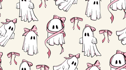 Seamless pattern with cute hand drawn ghost characters wearing pink bows. Adorable girly spooky designs, vector illustrations for Halloween background, wallpaper. Vintage coquette aesthetic.