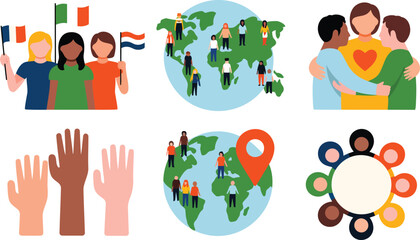Diversity Population Day icon vector with flags globe people hands meeting location