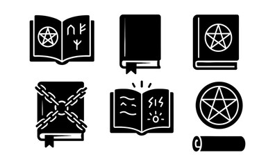 Fototapeta premium Mystical book icons collection: pentagrams, runes, and enchanted symbols in bold black and white