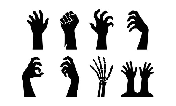 Silhouette of various zombie and skeleton hands reaching and grasping in different poses