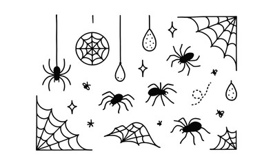 Fototapeta premium Hand drawn halloween spiders and cobwebs set with doodles