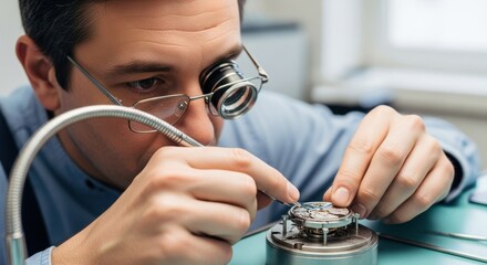 Caucasian male watchmaker repairing watch with precision tools in workshop