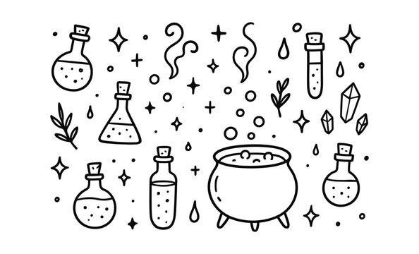 Magical potions and cauldron with stars and crystals in a whimsical pattern