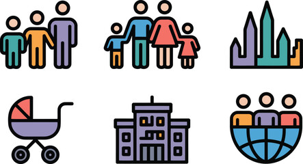 World Population Day icon vector with family city globe stroller school data