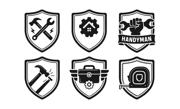 Handyman emblem set with tools and repair icons in vintage badges