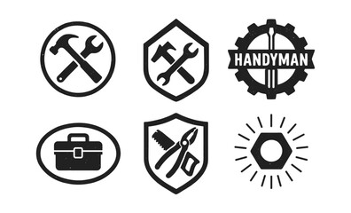 Handyman tools emblems set with vintage style gear, shield, and badge elements