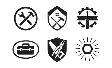 Fototapeta premium Retro construction tool icons: grunge style design elements for home repair