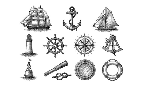 Nautical elements set: vintage maritime icons for seamless nautical design