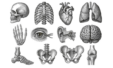 Vintage medical anatomy illustrations of human body parts in detailed engraving style