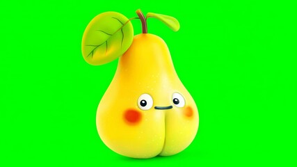 3D cartoon pear with anthropomorphic face, yellow color, green leaf, red cheeks, different emotional expressions against green background. - Powered by Adobe