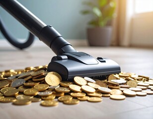 The vacuum cleaner sucks up gold coins.