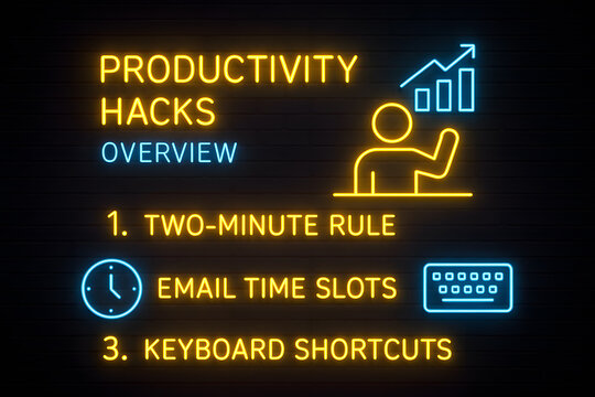 Productivity Hacks Neon Infographic with Efficiency Techniques for Work Optimization