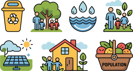 Population Day icon set with recycling family tree water solar house food basket sustainability