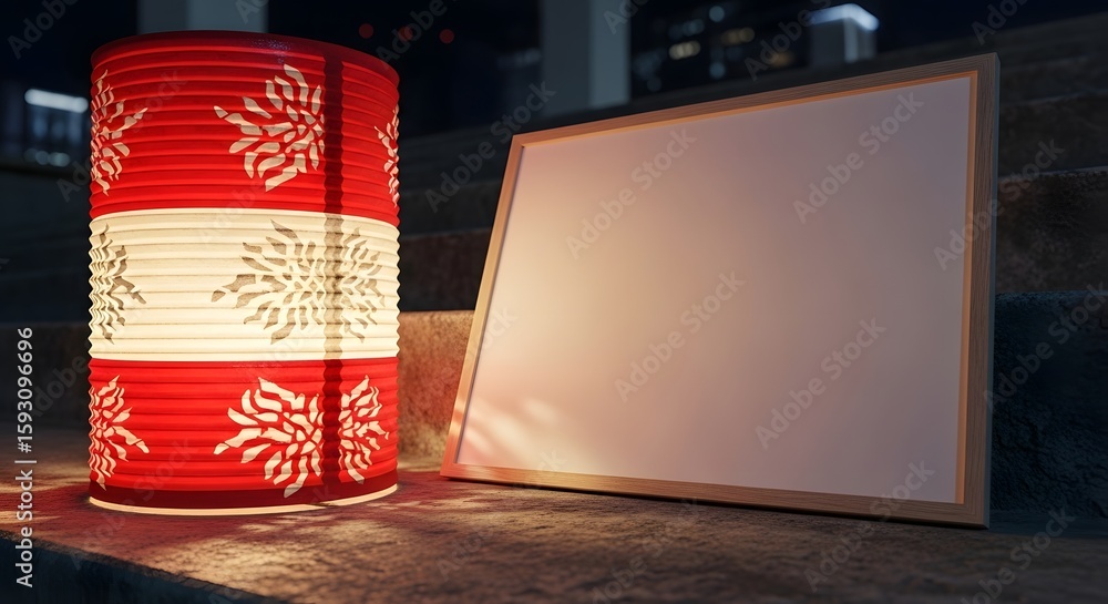 Poster red and white patterned lantern and blank framed artwork resting on concrete steps at dusk. soft lig