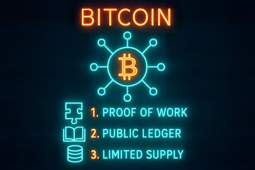 Bitcoin Neon Infographic with Blockchain Technology for Crypto Education