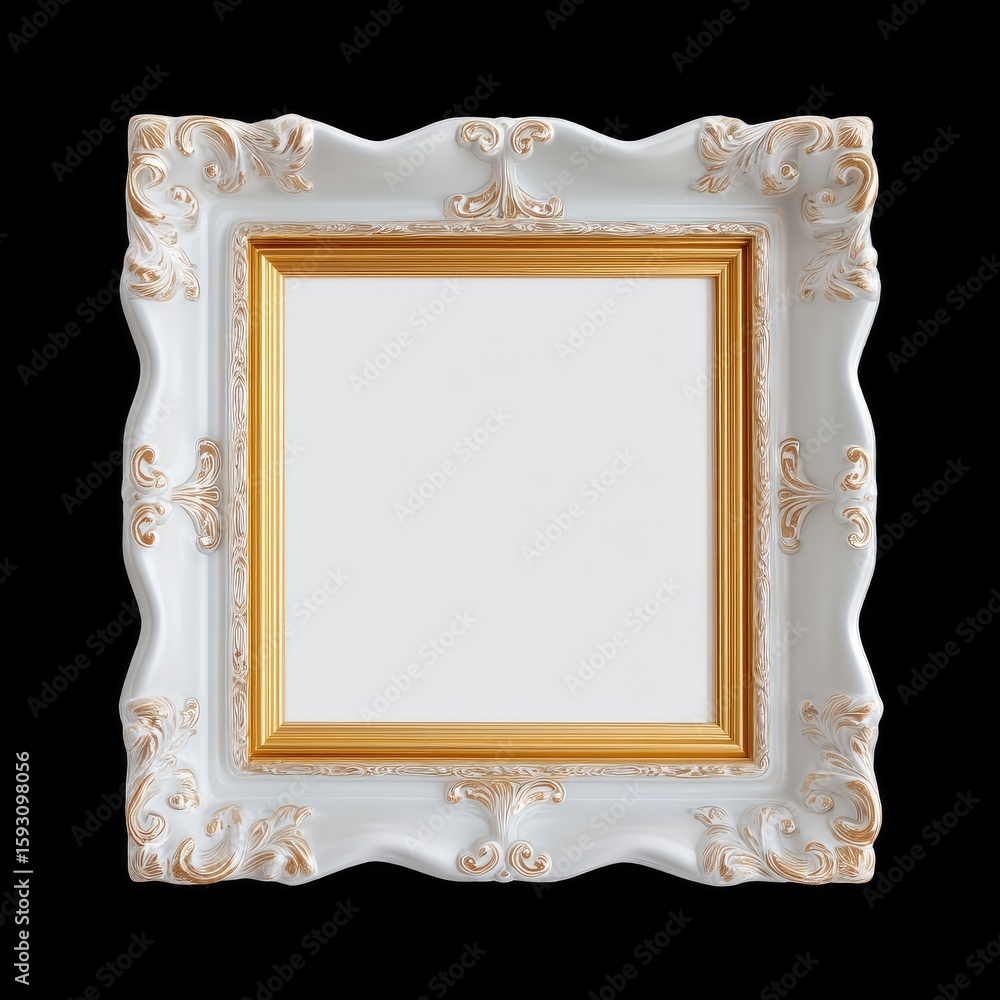 Poster elegant ornamental frame with intricate design and golden accents featuring a blank canvas for custo