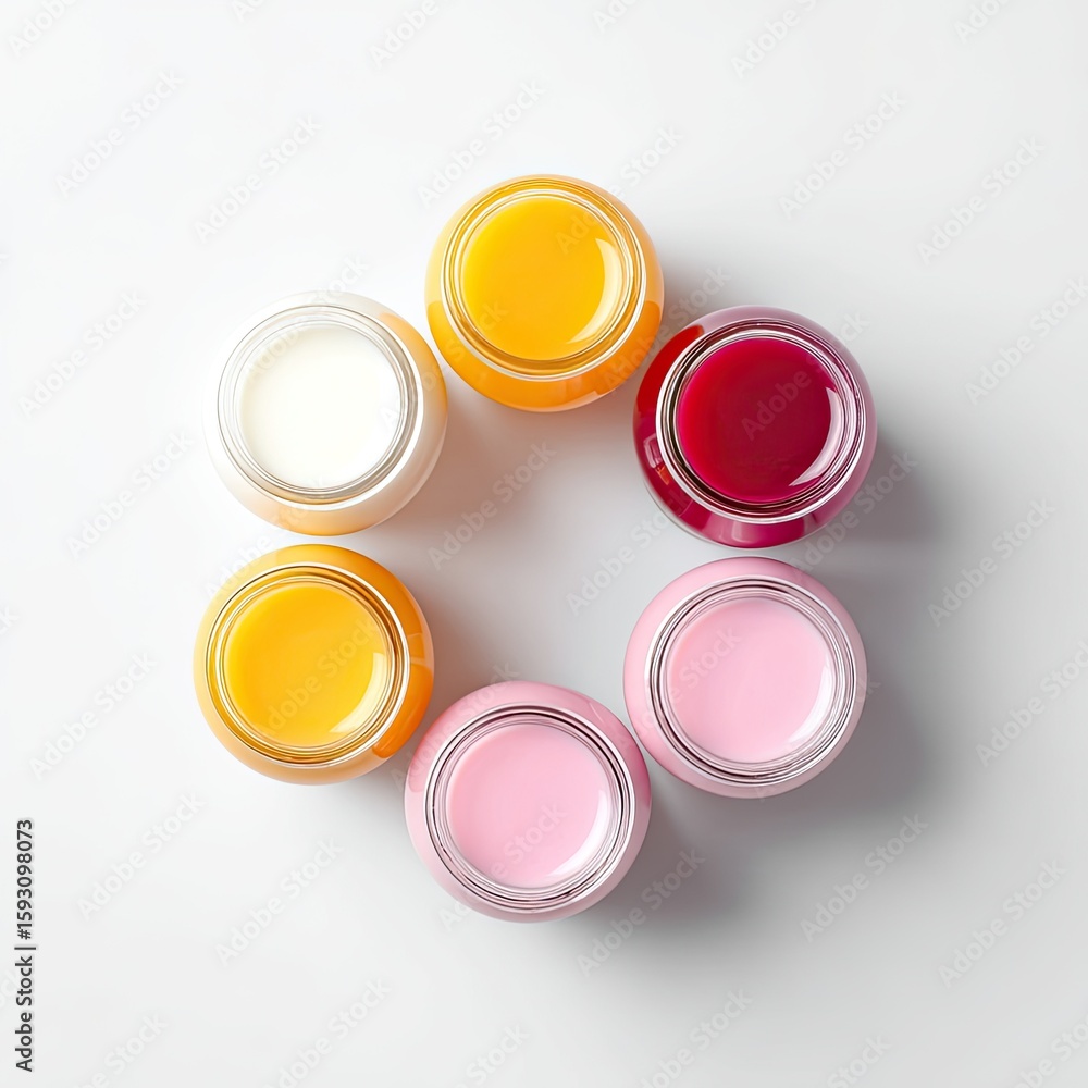 Poster vibrant assortment of colorful smoothies in jars arranged in a circular pattern on a light surface