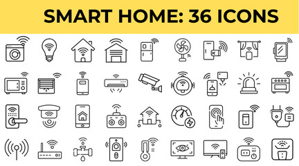 Smart home icons set featuring 36 various devices and concepts  