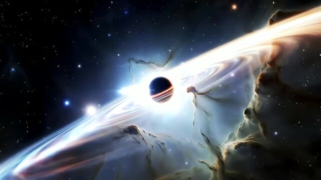 Cosmic spectacle unfolds, black hole's accretion disk swirls, light bends revealing nebula's ethereal beauty, symbolizing creation, destruction, cosmic power, infinite space and time's relentless flow