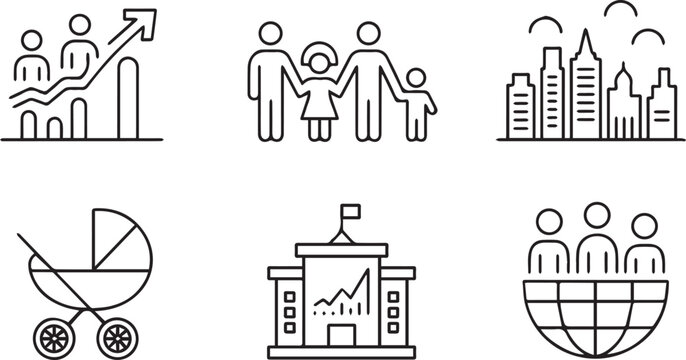 Population Day outline icon set with chart family stroller city school globe people - Powered by Adobe