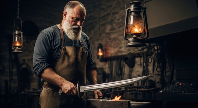 Mature caucasian male blacksmith crafting sword in rustic workshop by lantern light