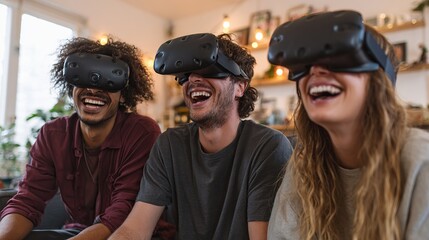 Immersed friends explore virtual reality worlds, sharing laughter and joy while enjoying immersive gaming experiences together at home.