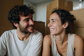 Happy young couple smiling at each other surrounded by cardboard boxes, enjoying a joyful moment together