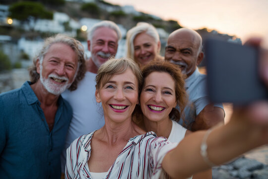 Group of happy senior friends taking a selfie together outdoors during sunset, capturing joyful moments