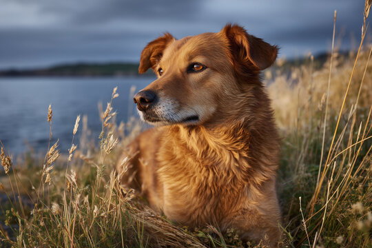 Golden retriever mix dog resting peacefully in tall grass by the lake during a calm evening