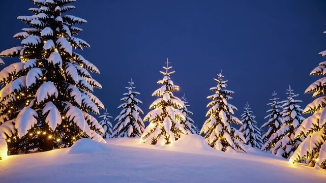 Shimmering Christmas landscape with snow-covered trees and softly blurred lights, ideal for holiday cards