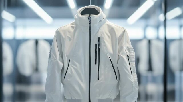 A single white jacket hangs in front of a mirror, reflecting the room