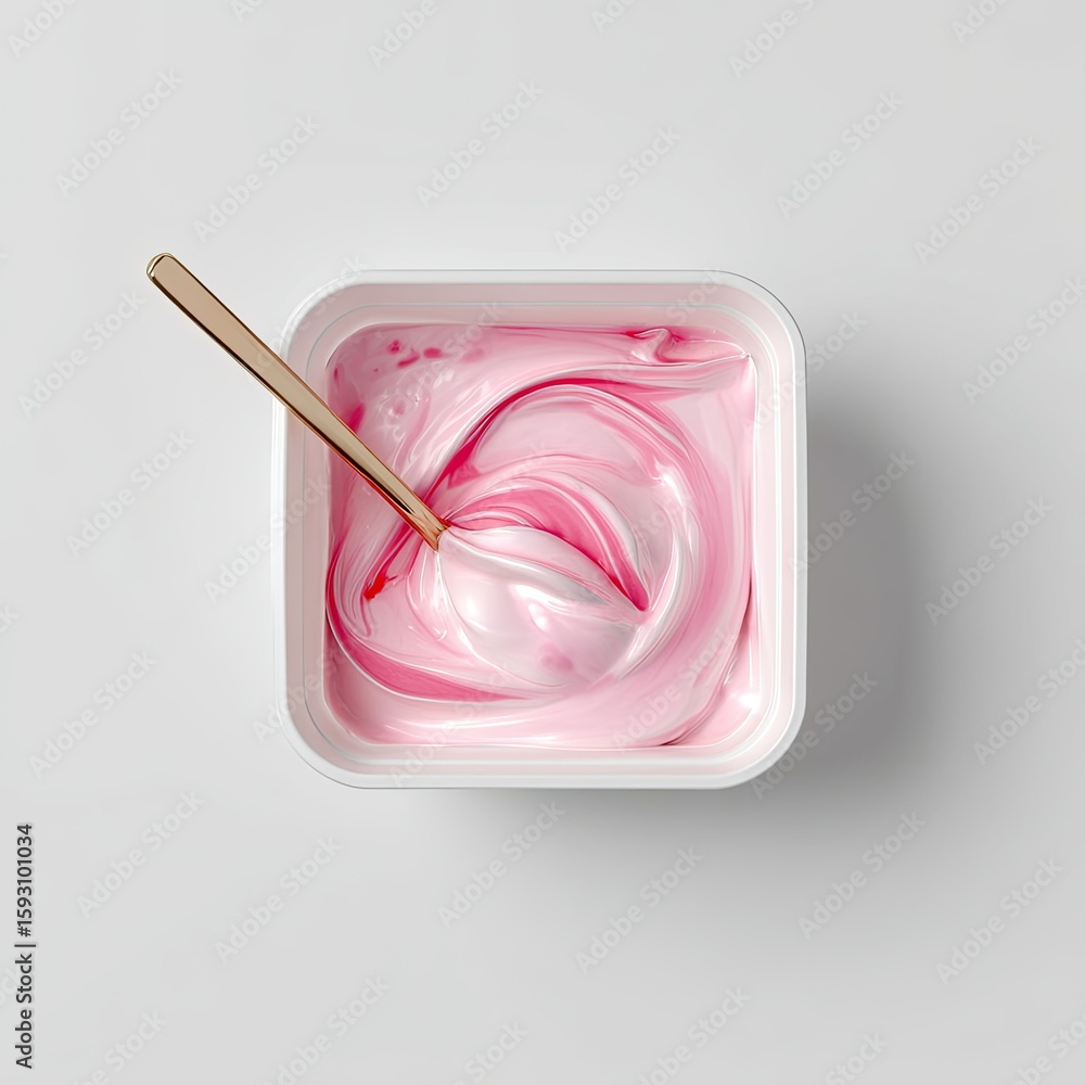Aufkleber smooth pink and white whipped cream swirl in a square container with spoon on light background for c