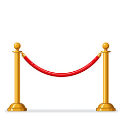 Velvet rope barrier with golden posts on white background, concept of flat vector on white background  