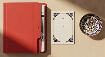 Overhead shot with a red folder a decorative card and a patterned plate on a wooden surface bathed in sunlight.