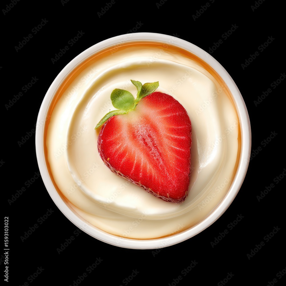 Poster fresh strawberry on creamy yogurt in a round bowl with smooth texture and simple presentation