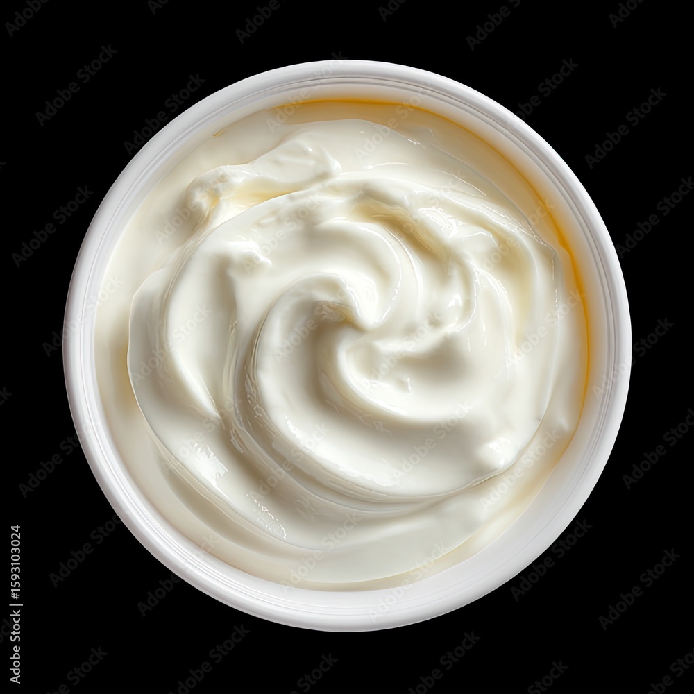 Poster creamy whipped white substance in round container on black background with smooth texture and glossy