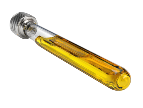 Analyzing chemical samples laboratory test tube yellow liquid close-up. Isolated on transparent background, png.