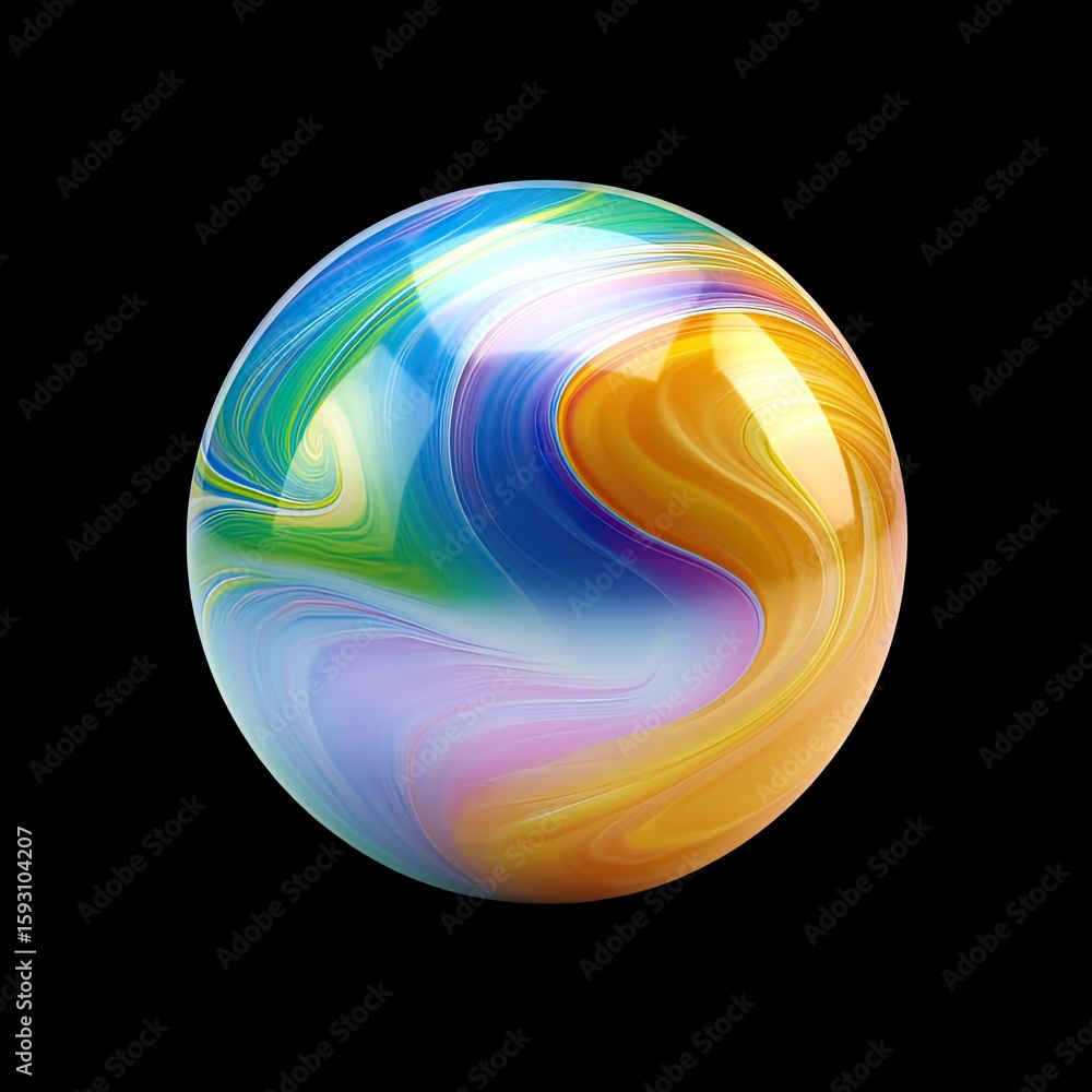 Poster colorful abstract sphere with swirling patterns and a smooth surface on a black background
