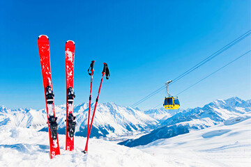 Skiers riding ski lift and skiing down snowy mountain slope at winter resort