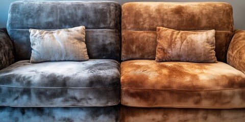 This is a high-quality, modern velvet sectional sofa. It features gray, brown and tan upholstery with cushioned seats for the ultimate comfort.