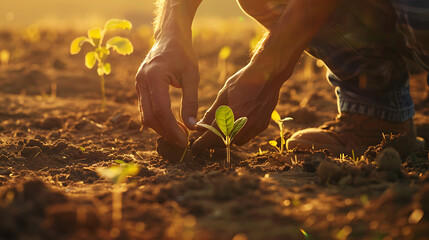 Farmer Planting Crops in Green Field &mdash; Agriculture and Farming Concept